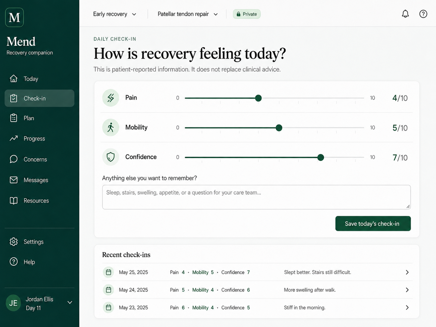 Mend daily check-in capturing pain mobility and confidence