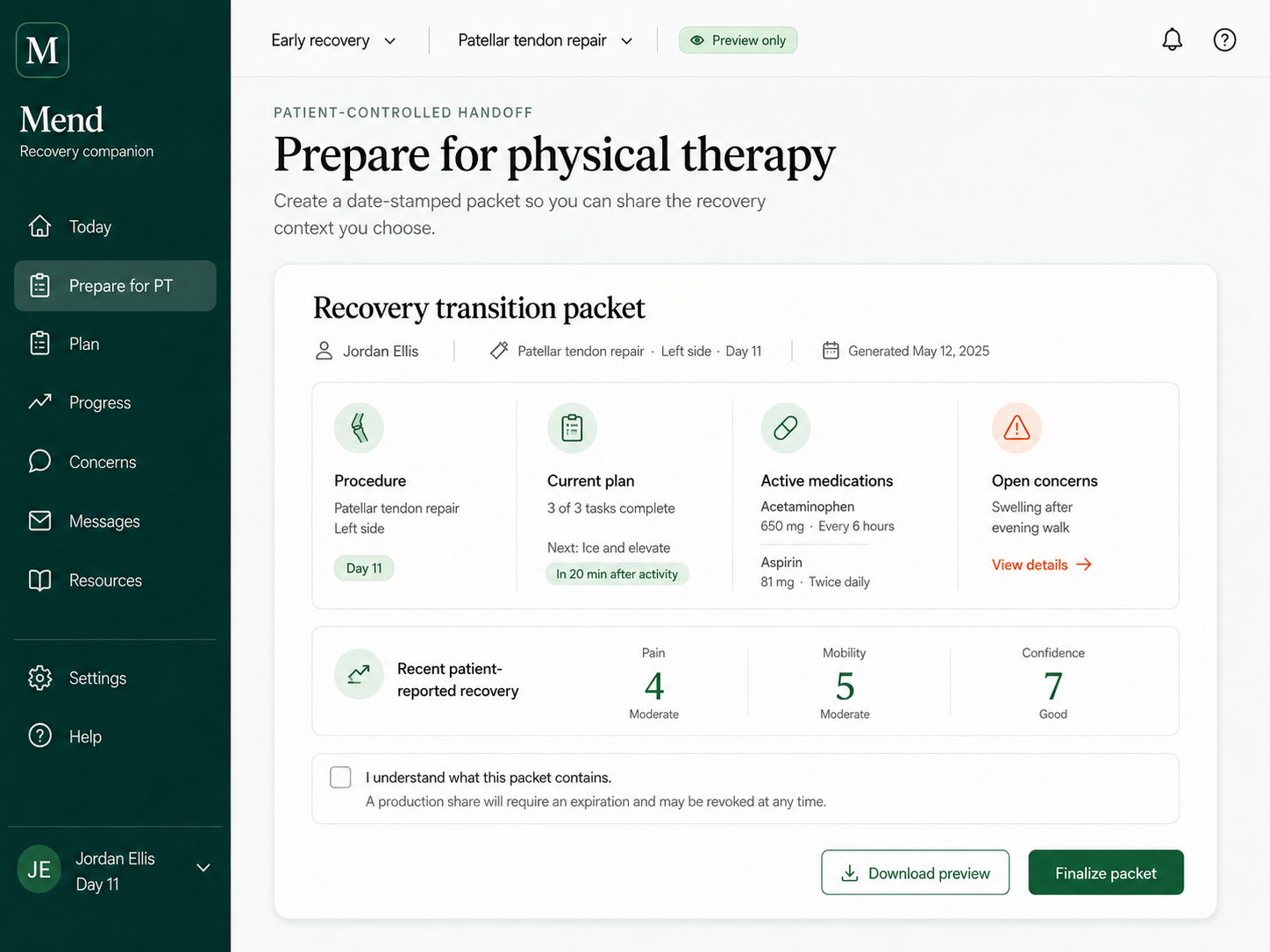 Mend recovery transition packet interface preparing patient-controlled context for physical therapy