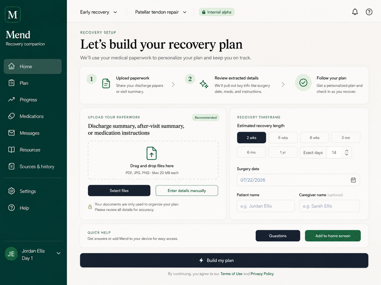 Mend interface for building a patient-reviewed recovery plan